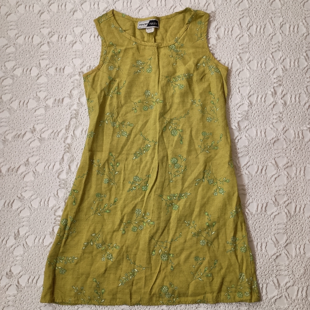 Vtg 90s Y2K Sun dress Bright Green Yellow Floral Short Sleeveless Shift 10 Women